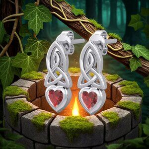 Celtic Knotwork Garnet Heart Sterling Silver Earrings